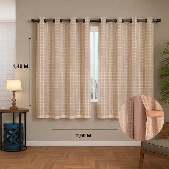 Cortina Blackout PVC com Voil Xadrez 2,00 x 1,40 Decoração Sala Quarto Escritório