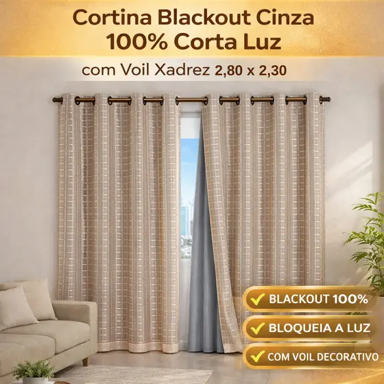 Cortina Blackout Cinza 100% Corta Luz com Voil Xadrez 2,80 x 2,30 m  Sala/Quarto Elegante