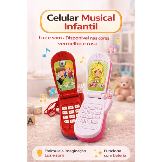Celular Musical Brinquedo Infantil com Luz a Bateria Infantil