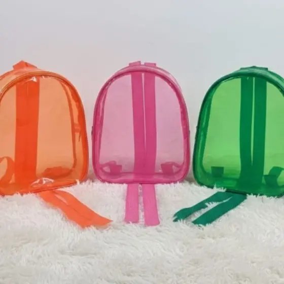 Kit Mochilas Transparentes Neon Infantil Plástico Cristal Lembrancinha Festa Aniversário Escola Praia
