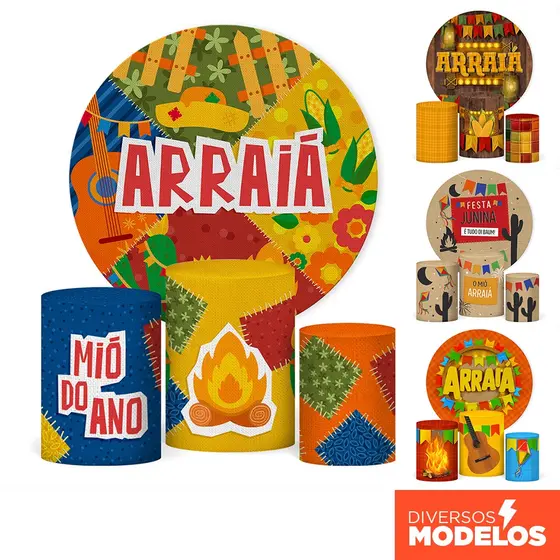Capa Painel + Trio Capas de Cilindro Decoração Festa Junina Arraiá Veste Fácil C/Elástico Sublimado