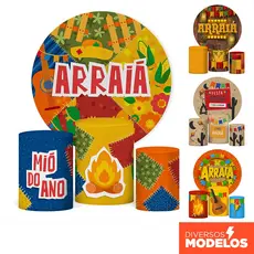 Capa Painel + Trio Capas de Cilindro Decoração Festa Junina Arraiá Veste Fácil C/Elástico Sublimado
