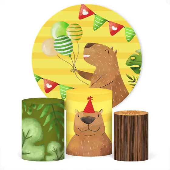 Kit Painel Redondo e Cilindros Festa Capivara Decorativa Sublimado Em Tecido Veste Fácil C/Elástico
