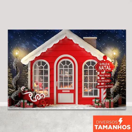 Painel de Natal Fundo Fotográfico Natalino Cenário Casa Polo Norte para Fotos Em Tecido Sublimado