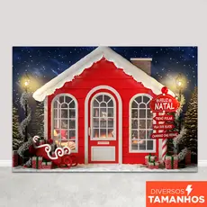 Painel de Natal Fundo Fotográfico Natalino Cenário Casa Polo Norte para Fotos Em Tecido Sublimado