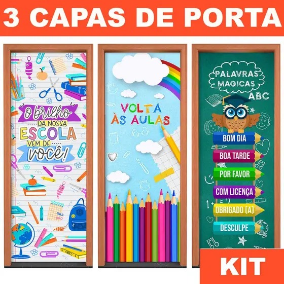 Kit 3 Capa de Porta Escolar Volta às Aulas em Tecido Decorativo 0,80x2,10m Com Elástico