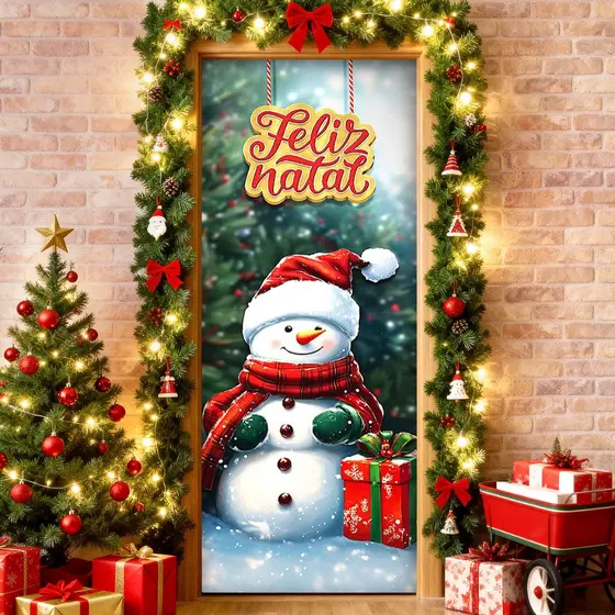 Capa De Porta Decoração de Natal Boneco De Neve Sublimado Em Tecido Com Elástico 0,85x2,10m