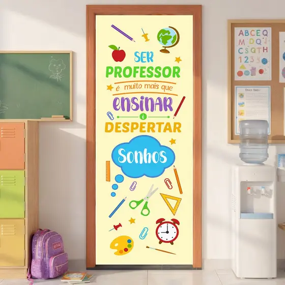 Capa de Porta Escolar Professores Volta as Aulas Sublimado Com Elástico Em Tecido 0,80x2,10m