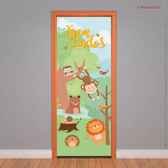 Capa de Porta Quarto Infantil Decoração Bosque Animais Bem-Vindo Em Tecido Sublimado 0,85x2,10m
