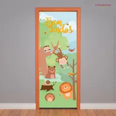 Capa de Porta Quarto Infantil Decoração Bosque Animais Bem-Vindo Em Tecido Sublimado 0,85x2,10m