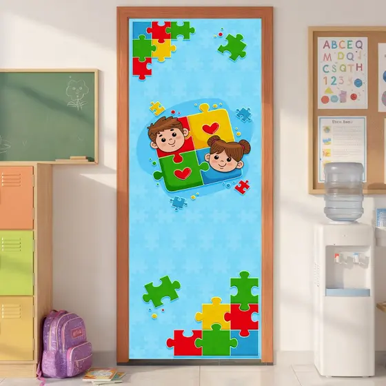 Capa De Porta Escolar Sala Inclusiva Decorativa Tecido Com Elástico Sublimado Veste Porta 0,85x2,10m