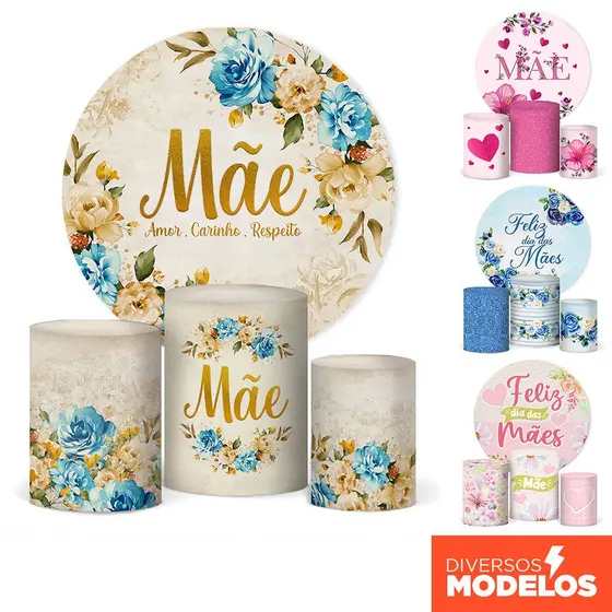 Kit Painel Redondo e Cilindros Decoração Dia das Mães Veste Fácil Sublimada Em Tecido