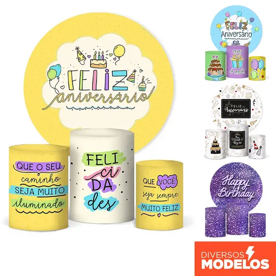 Cilindro e Painel de Festa Feliz Aniversário Decoração Em Tecido Veste Fácil Sublimado