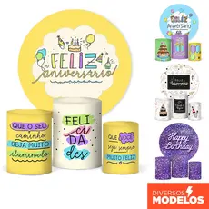 Cilindro e Painel de Festa Feliz Aniversário Decoração Em Tecido Veste Fácil Sublimado