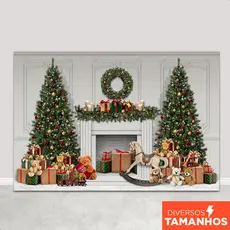 Fundo Fotográfico Natal Cenário Lareira Brinquedos Painel para Fotos Em Tecido Sublimado - FNT-782