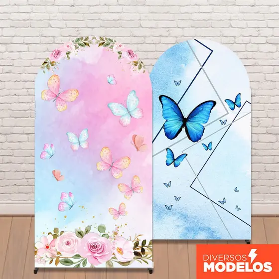 Painel Romano Borboleta Decoração Sublimado Em Tecido Sublimado C/Elástico Veste Fácil 2x1m