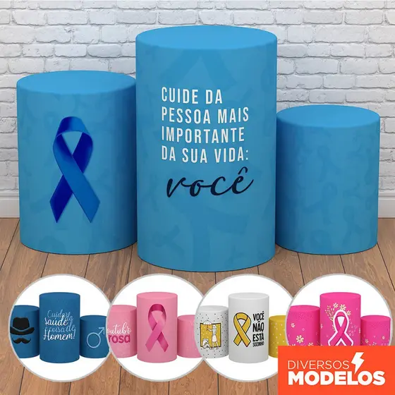 Trio Capa Cilindro Decoração Outubro Rosa/Novembro Azul Conscientização em Tecido com Elástico