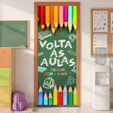 Capa de Porta Escolar Volta As Aulas Decorativa Bem-Vindo Veste Fácil Sublimado Em Tecido 0,80x2,10m