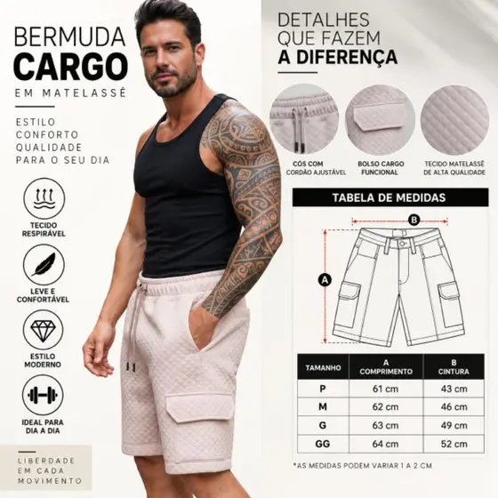 ☀️ Bermuda Cargo Masculina Verão – Tecido Matelassê Importado Premium