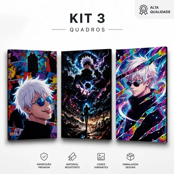 Kit 3 Quadros Gojo Satoru Jujutsu Kaisen Anime Decorativo Gamer - ENVIO Rápido