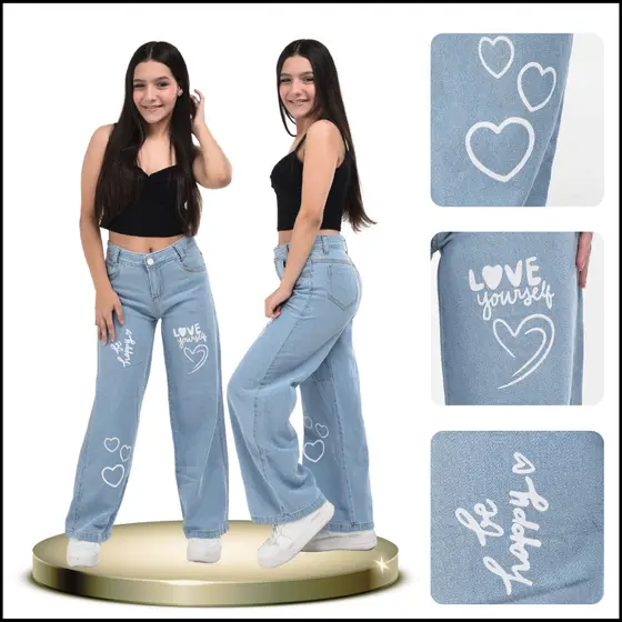 Calça Wide Leg Estampada Jeans Infantil Juvenil Menina