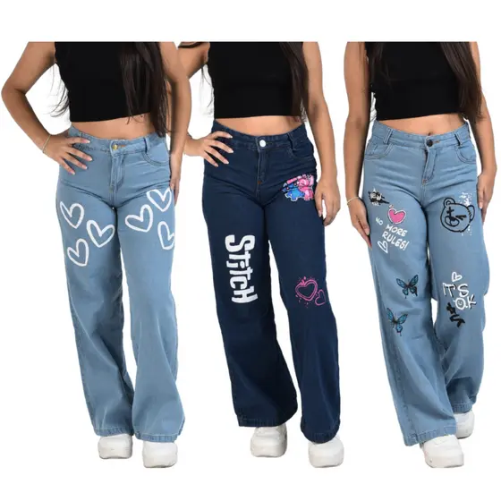 Kit 3 Calça Jeans Claro Estilo Blogueira Diferentes Estampas