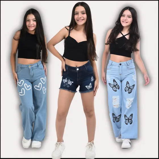 Kit 2 Calças Wide Leg + 1 Short Jeans Estampado Infantil Juvenil