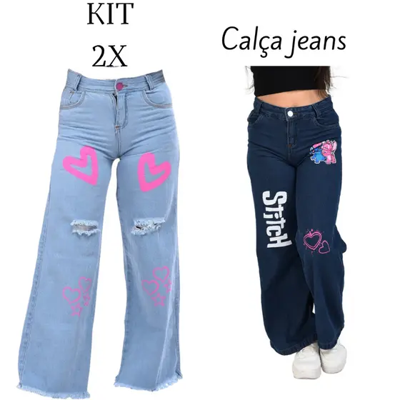 Kit 2 Calças Wide Leg Pantalona Jeans Claro estilo Blogueira Infantil