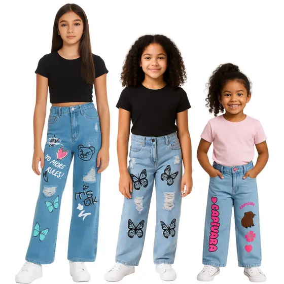 Kit 3 Calças Wide Leg Jeans Estampada Infantil e Juvenil Meninas