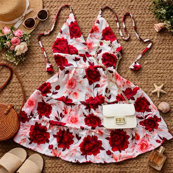 vestido feminino três Marias, vestido rodadinho estampa  exclusiva, com decote, amarração ajustável, godê ,curtinho.