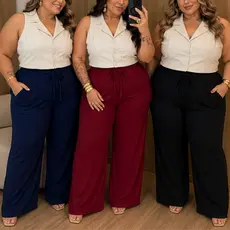 Kit 2 Calça Feminina Pantalona Plus Size Algodão Com Bolso e Elastico na cintura Curvy +