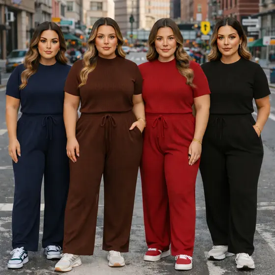 Conjunto Feminino Plus Size Estiloso Pantalona e Tshirt Elegante Canelado