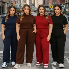 Conjunto Feminino Plus Size Estiloso Pantalona e Tshirt Elegante Canelado