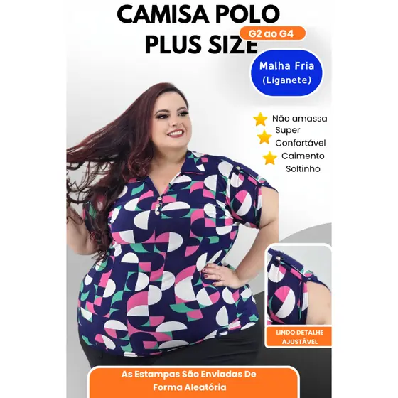Camisa Polo Plus Size Feminina G2 ao G4 Não Amassa Ajuste Solto Confortável Estampa Aleatória