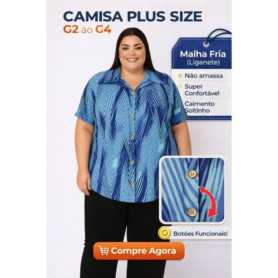 Camisa Plus Size Feminina G2 ao G4 Malha Fria Não Amassa Conforto Máximo Estampa Aleatória