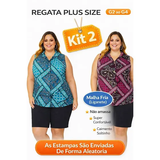 Kit 2 Regatas Plus Size Feminina G2 ao G4 Malha Fria Não Amassa Super Leve Conforto Garantido Estampa Aleatória