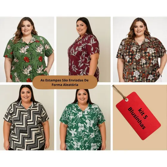 Kit 5 Camisas Plus Size Feminina G2 ao G4 Malha Fria Não Amassa Conforto Máximo Estampa Aleatória