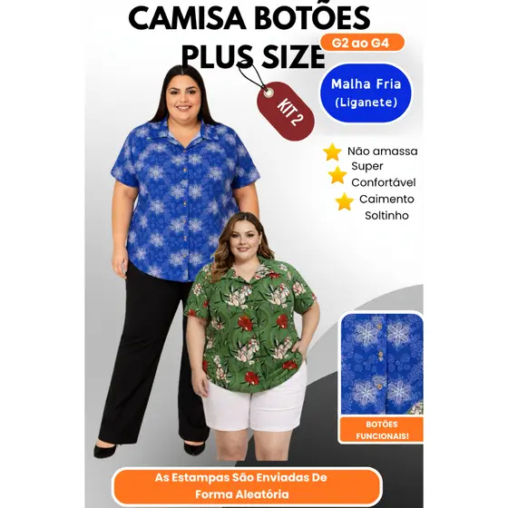 Kit 2 Camisas Plus Size Feminina G2 ao G4 Não Amassa Conforto Máximo Estampa Aleatória