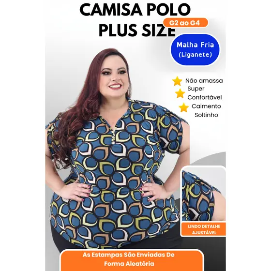 Camisa Polo Plus Size Feminina G2 ao G4 Não Amassa Caimento Solto Confortável Estampa Aleatória