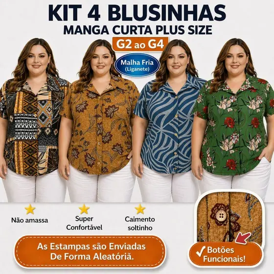 Kit 4 Blusas Feminina Plus Size Manga Curta Leve Soltinha Ideal Dia a Dia G2 G3 G4