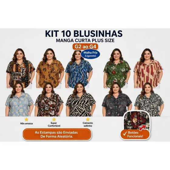 Kit 10 Camisas Feminina Plus Size Manga Curta Confortável Não Amassa G2 ao G4 Atacado