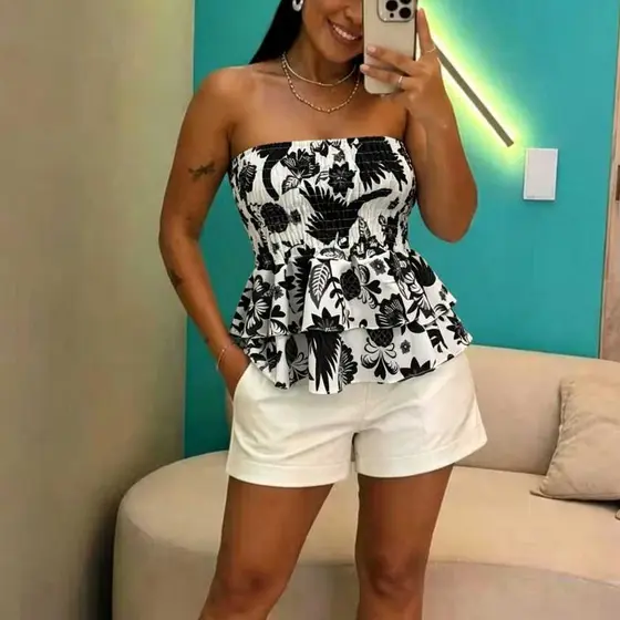 Blusa Feminina Cropped Tomara Que Caia Com Babados Tamanho Único