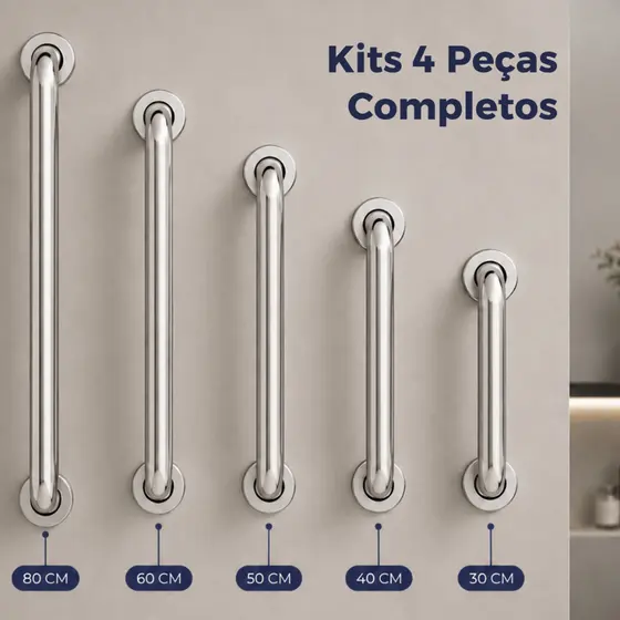 Kit 2 Barra Apoio 60cm 40cm 80cm Antiqueda Inox Banheiro Escada Corrimão Suporte Idosos Alça PCD