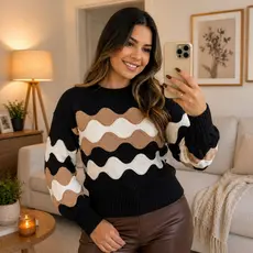 Blusa Feminina Manga Longa Tricot Moda Outono/Inverno Suéter 3D Tricô