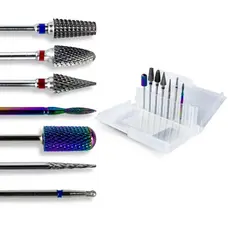 Kit 7 Brocas Tungstênio Diamantada + Caixa Suporte Broca Unhas Gel Fibra Alongamento Lixa Manicure