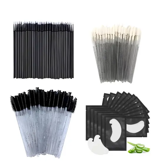 Kit Profissional Cílios 100 Microbrush Preto + 50 Escovinhas + 50 Gloss + 10 Pads Gel PRETO