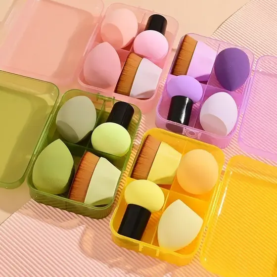 Kit Estojo com 3 Esponjas + Pincel Mágico Maquiagem