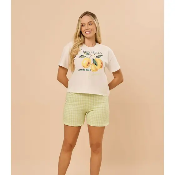 Pijama Feminino Manga Curta Meia Malha Evanilda Bege