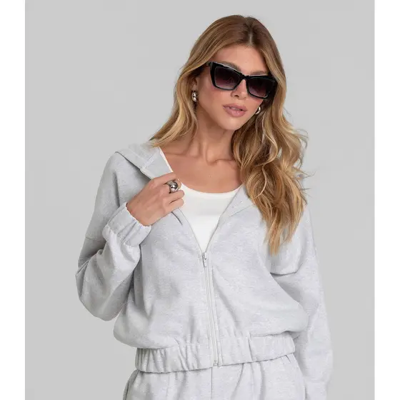 Jaqueta com Capuz Feminino em Suedine Dianna Cinza