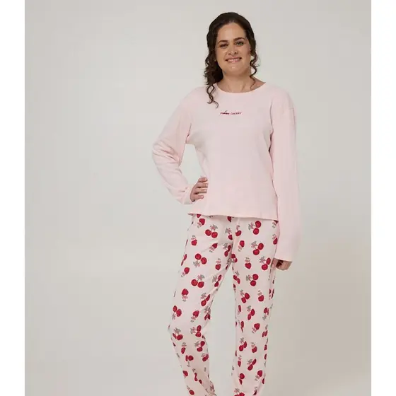 Pijama Longo Feminino Meia Malha Evanilda Rosa